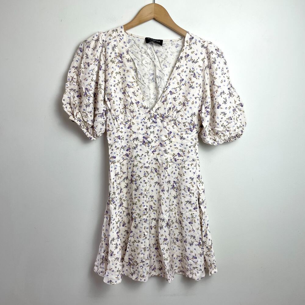 Ivory Floral Cottagecore Babydoll Mini Dress Small Puff Sleeves‎ Feminine
